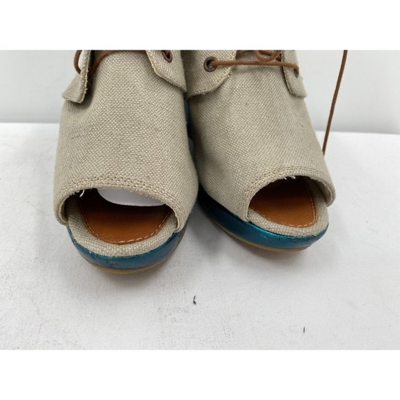 DIESEL Khaki Canvas  Peep Toe Blue Metallic Wedge Heel Shoes Women's Sz 40 (9) - Picture 5 of 12
